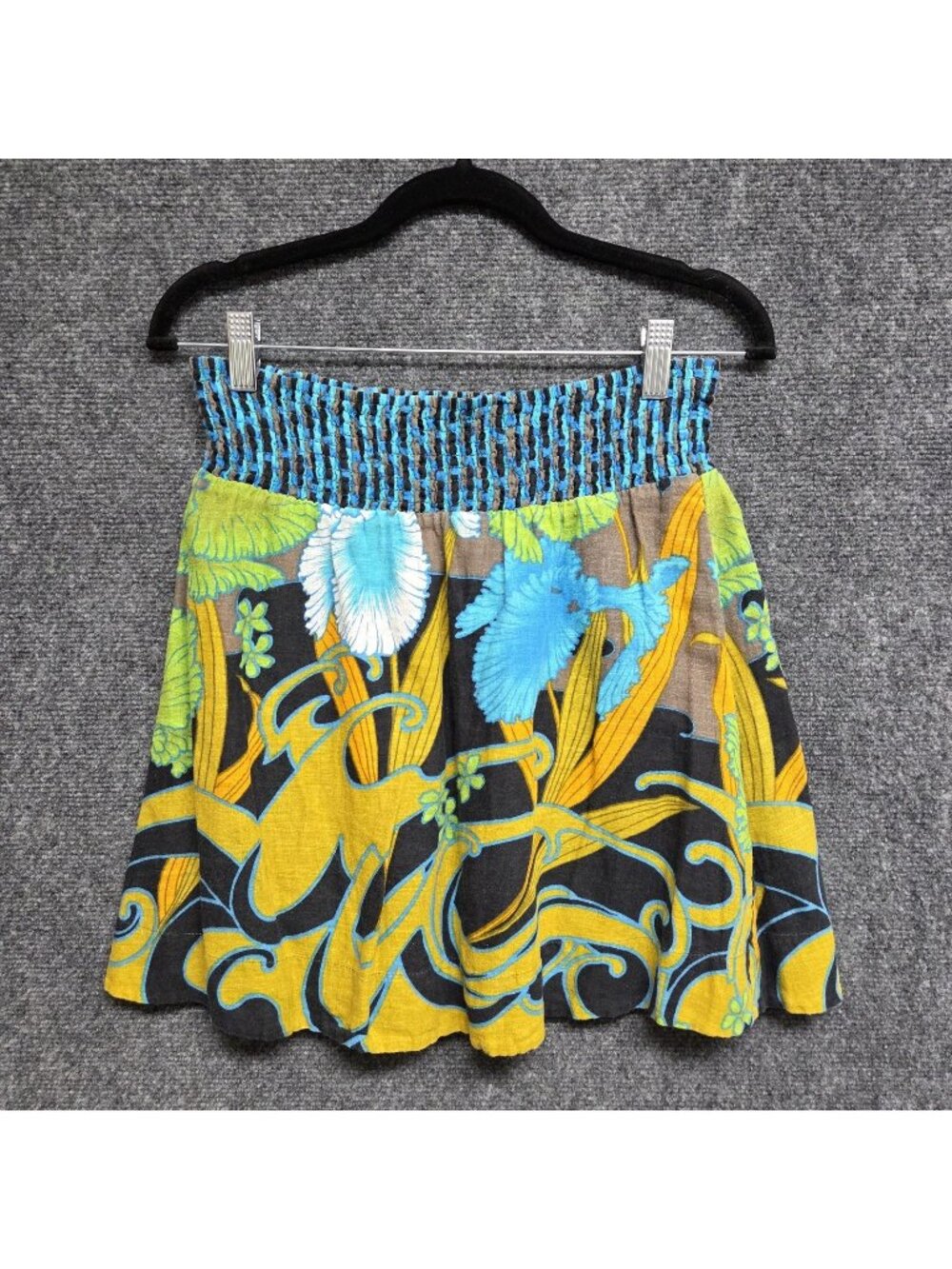 Free People Black, Yellow & Blue Floral Smocked Waist Mini Skirt